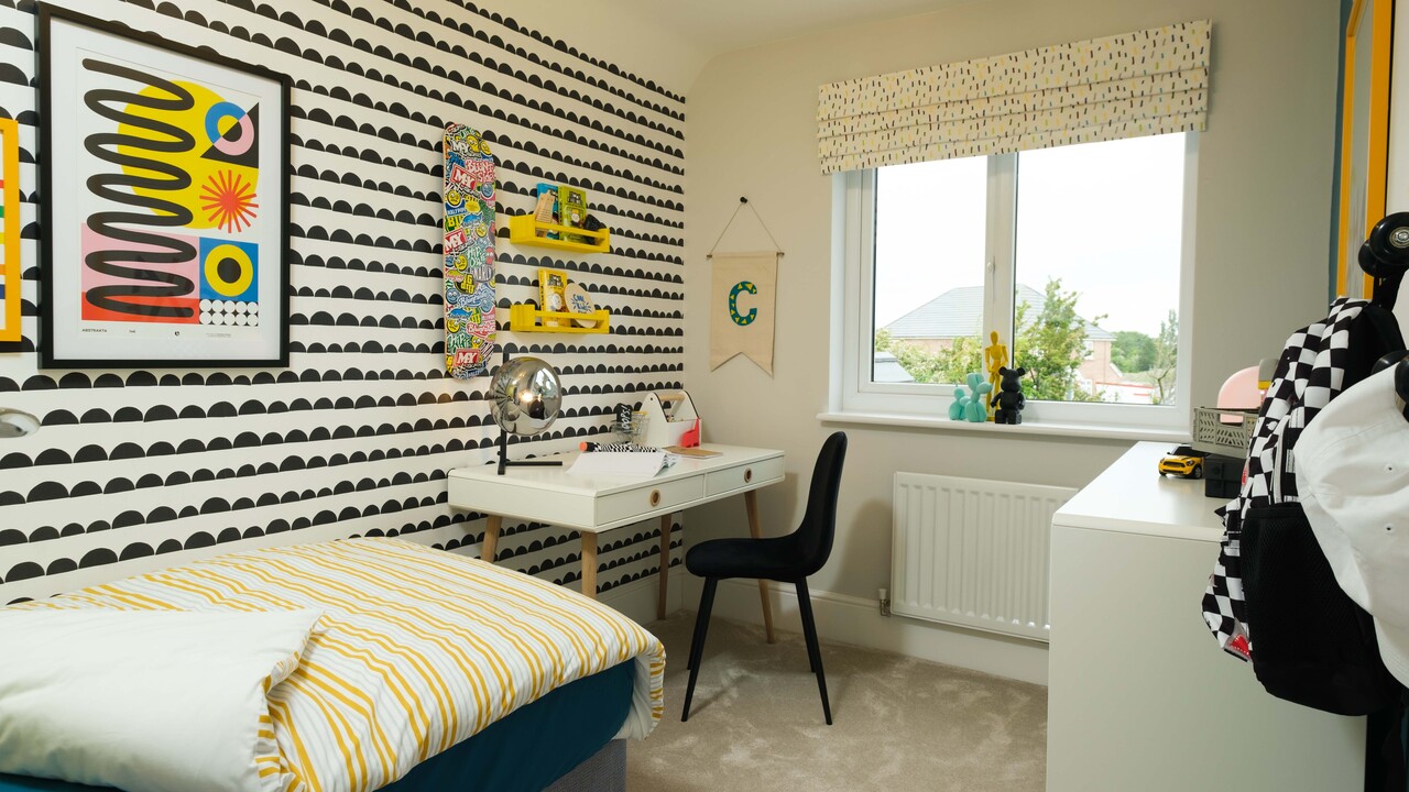 Redrow - Inspiration - Colourful bedroom with black and white wallpaper